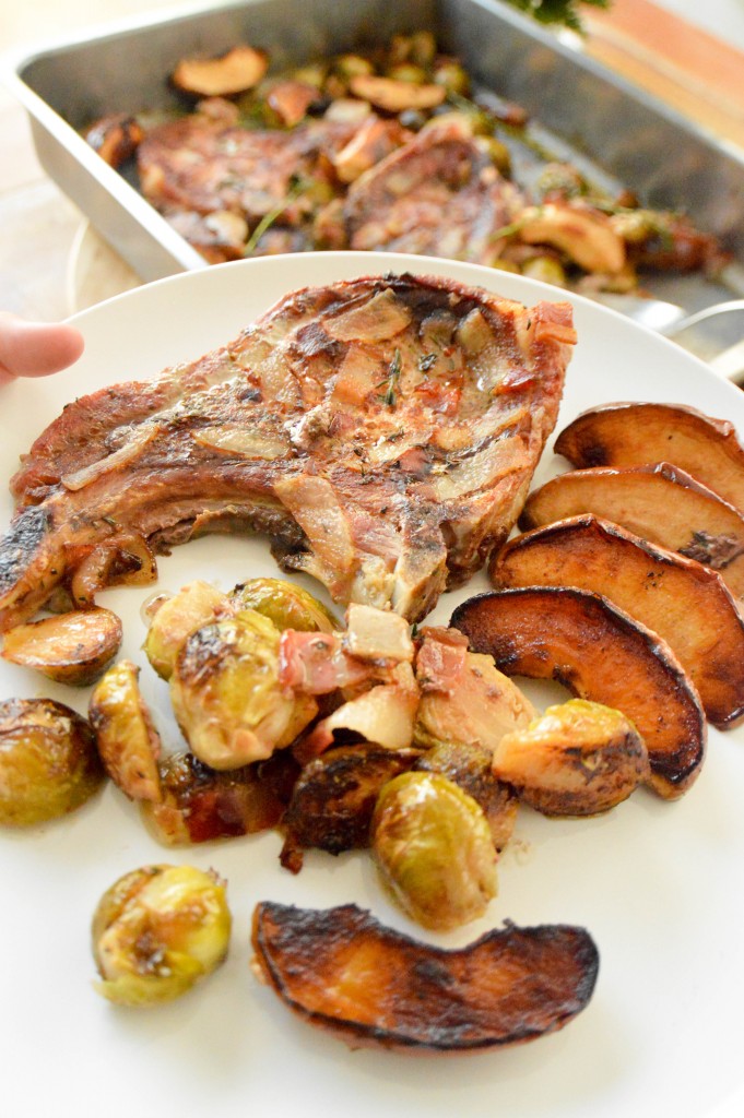 Sheet pan pork chops, Brussels sprouts, and apples