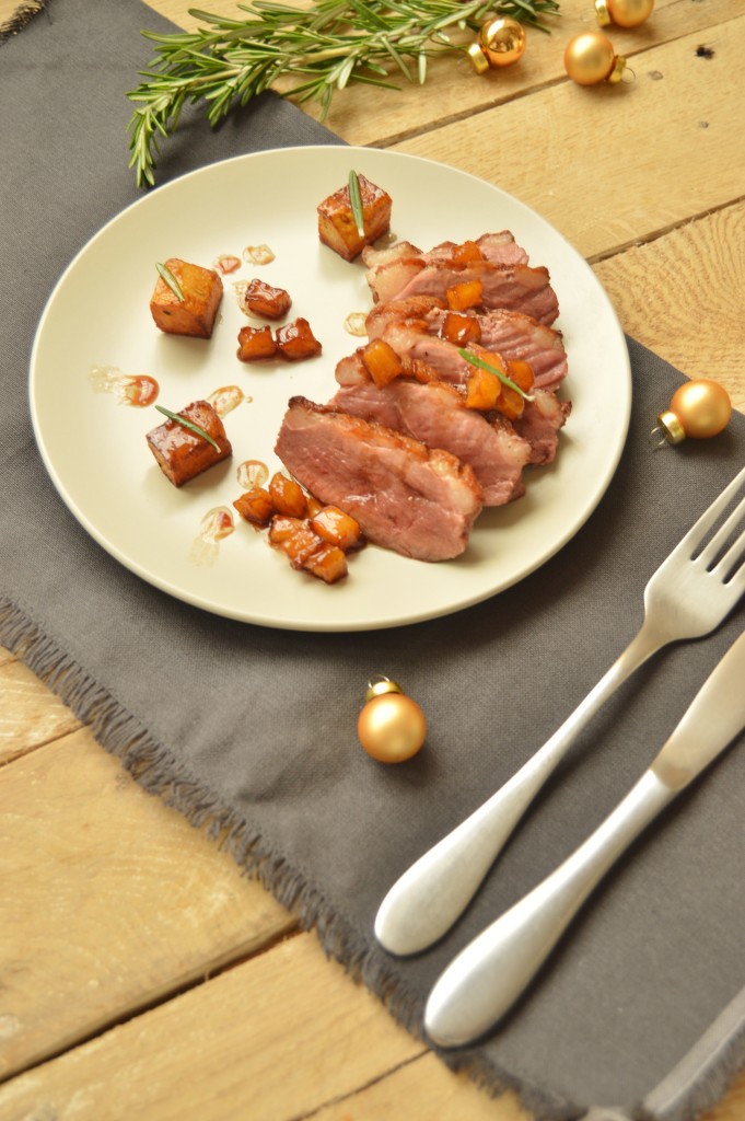 Pan seared duck breast with rosemary caramelized apples