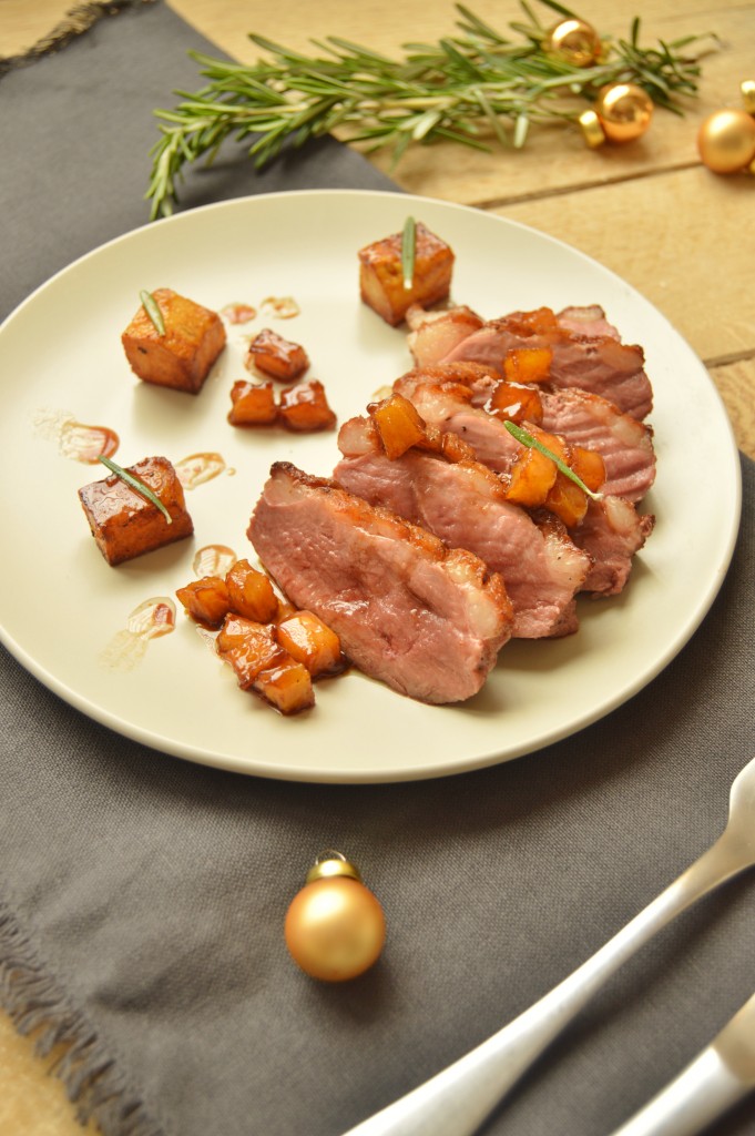 Pan seared duck breast with rosemary caramelized apples