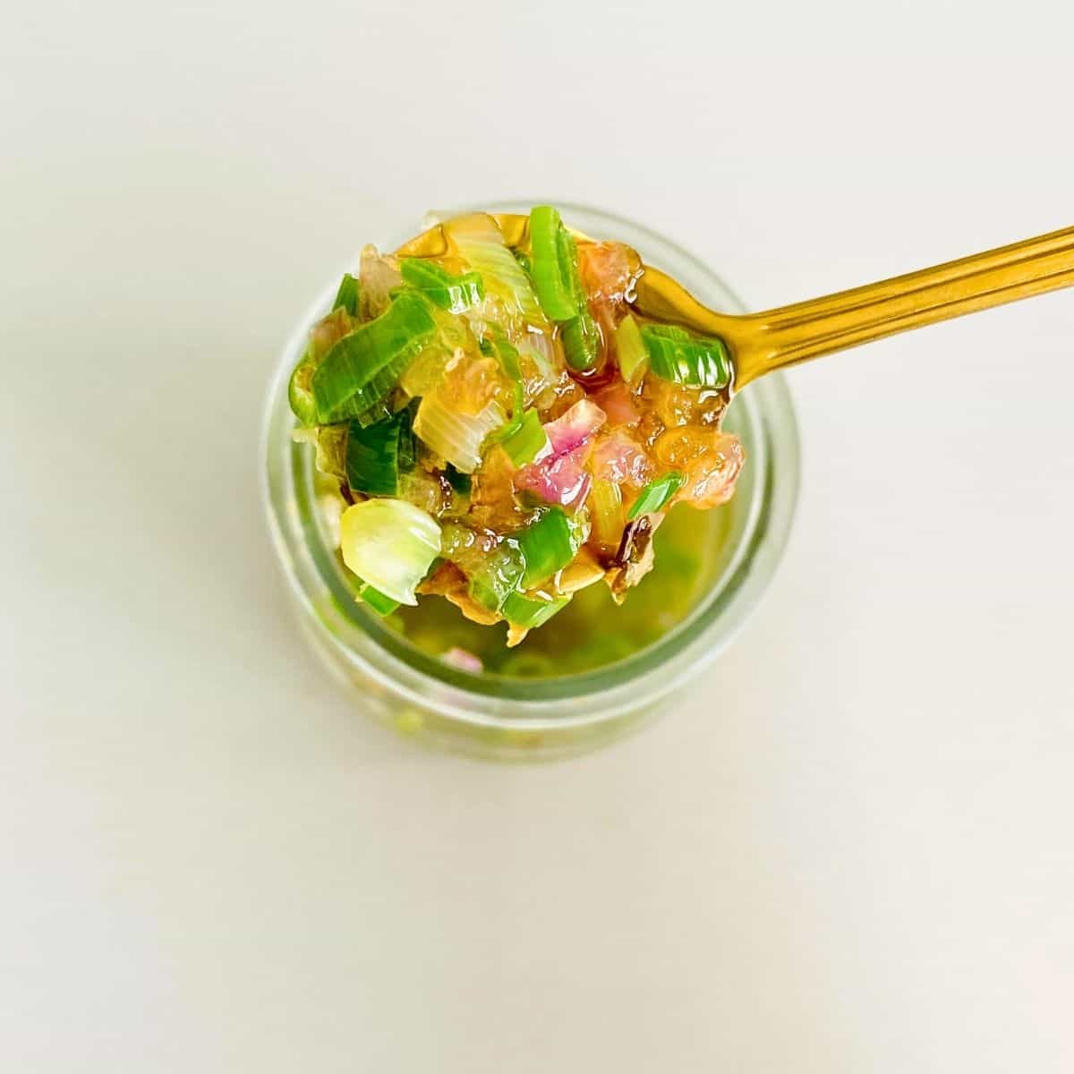 Hearty homemade pet food with chopped green onions in a glass jar, showcasing fresh, nutritious ingredients for pets at Petit Gourmet.